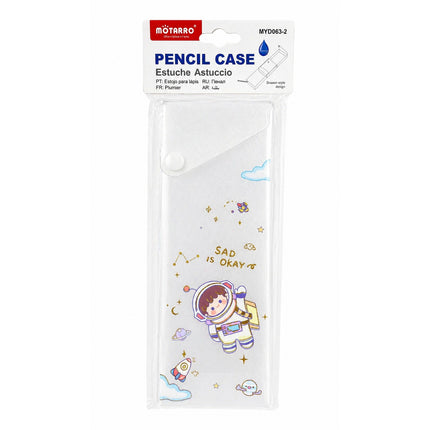 Pencil case with astronaut design and 'Sad is Okay' text, brand 'Motarro' visible