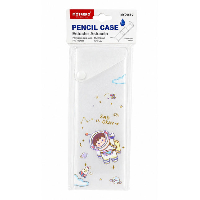 Pencil case with astronaut design and 'Sad is Okay' text, brand 'Motarro' visible