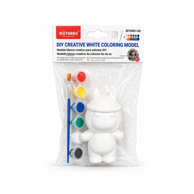 Motarro DIY creative white coloring model packaging with a white figure, paintbrush, and color swatches on a white background.