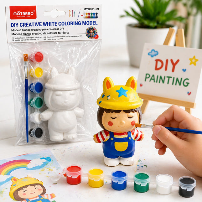 DIY painting kit with a character figurine, paint cans, and a hand holding a brush.