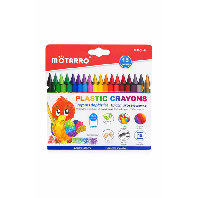 Pack of Motarro plastic crayons with colorful design on a white background