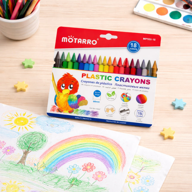 Pack of Motarro plastic crayons with coloring book and crayons on a wooden surface