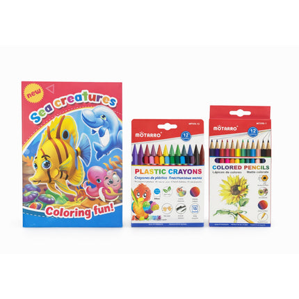 Coloring book and packs of plastic crayons and colored pencils on a white background
