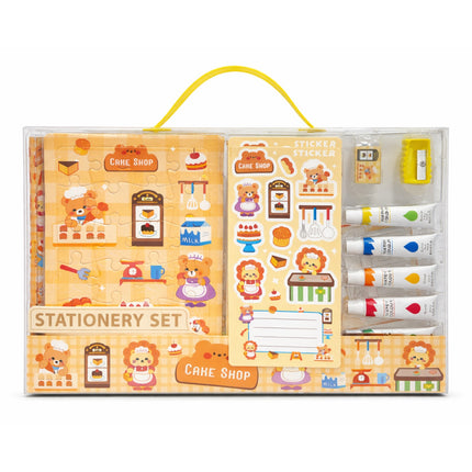 Stationery set with stationery items and stickers in a cake shop theme packaging.
