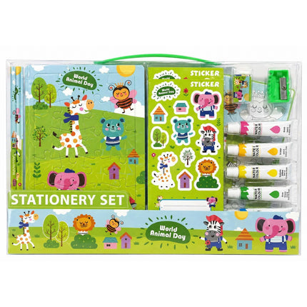 Stationery set with animal-themed packaging on a white background