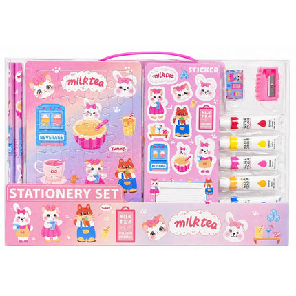 Stationery set with pink and purple design featuring cartoon characters and 'milktea' branding.