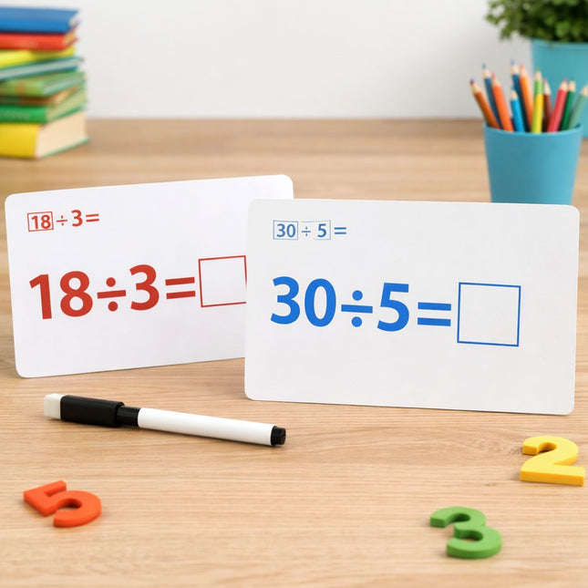 Math problem flashcards with answers on a wooden table with educational materials.