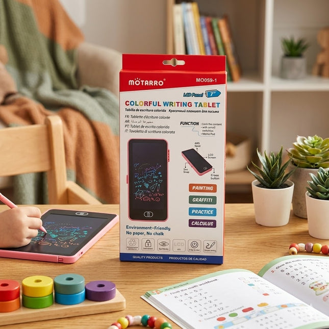 Motarro colorful writing tablet with packaging on a table in a home setting