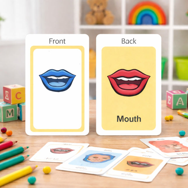 Educational flashcards showing a blue and red mouth illustration on a wooden table with toys in the background.