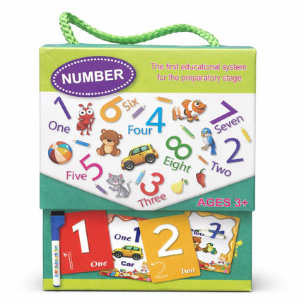 Educational number learning set packaging with colorful numbers and illustrations on a white background.