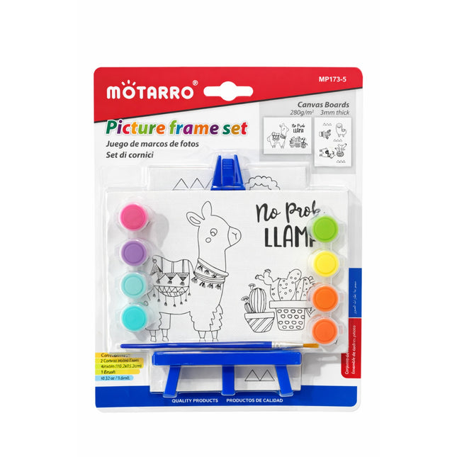 Môtarro picture frame set packaging with llama illustration and colorful elements on a white background