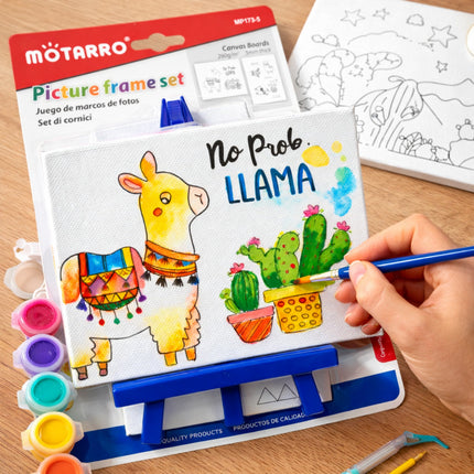 Motarro picture frame set with coloring book and paint supplies on a wooden surface