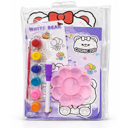 Packaged art set with paint pots, brush, and palette on a white background
