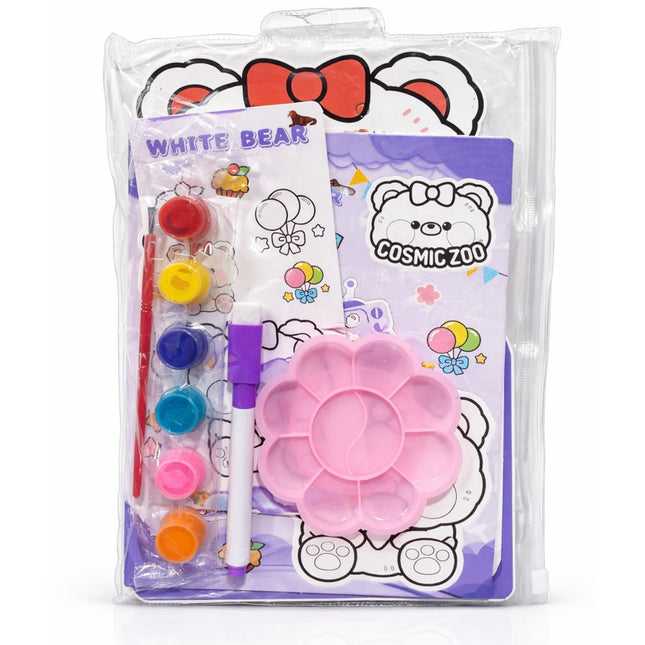 Packaged art set with paint pots, brush, and palette on a white background