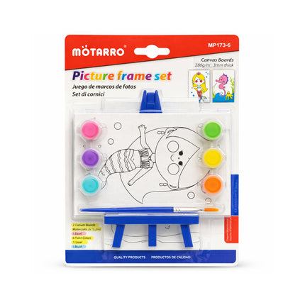 Môtarro picture frame set packaging with a child's drawing and art supplies on a white background