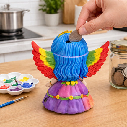 Colorful angel-shaped piggy bank with a hand placing a coin into it on a kitchen counter.
