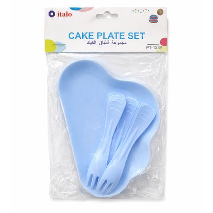 Packaged cake plate set with blue plastic items on a white background