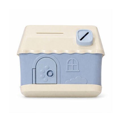 House-shaped toy bank with blue and beige colors on a white background