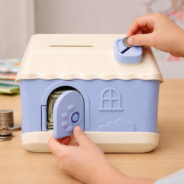 Children's piggy bank shaped like a house with a hand depositing a coin.