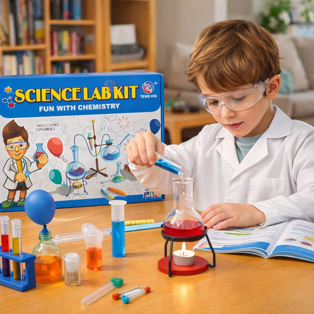 Child conducting a science experiment with a Science Lab Kit in a home setting.