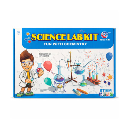 Science lab kit packaging with a child in a lab coat and safety goggles, colorful graphics, and text 'Fun with Chemistry'.
