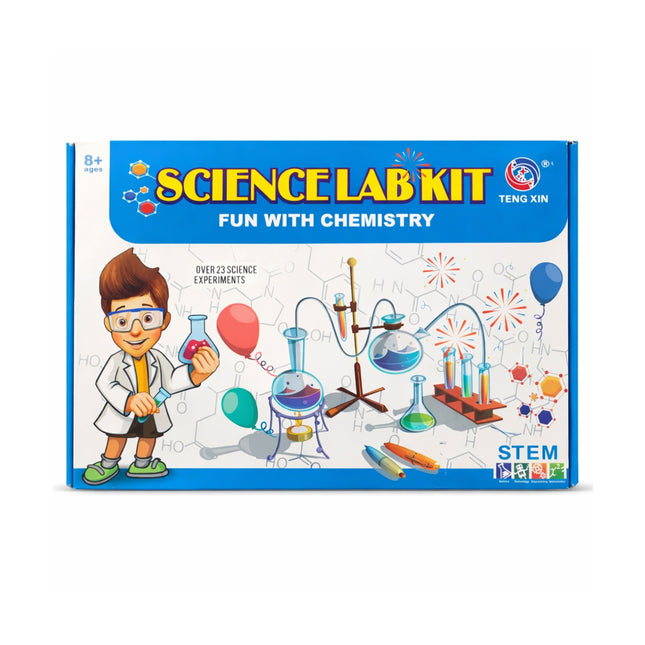 Science lab kit packaging with a child in a lab coat and safety goggles, colorful graphics, and text 'Fun with Chemistry'.