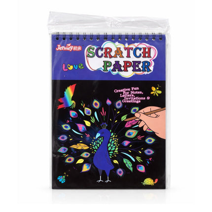 Scratch paper book with colorful designs and a peacock illustration on a white background
