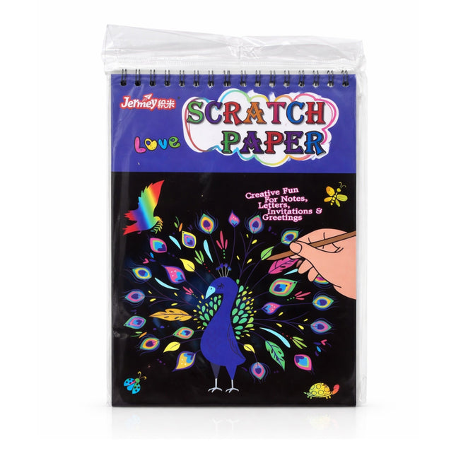 Scratch paper book with colorful designs and a peacock illustration on a white background