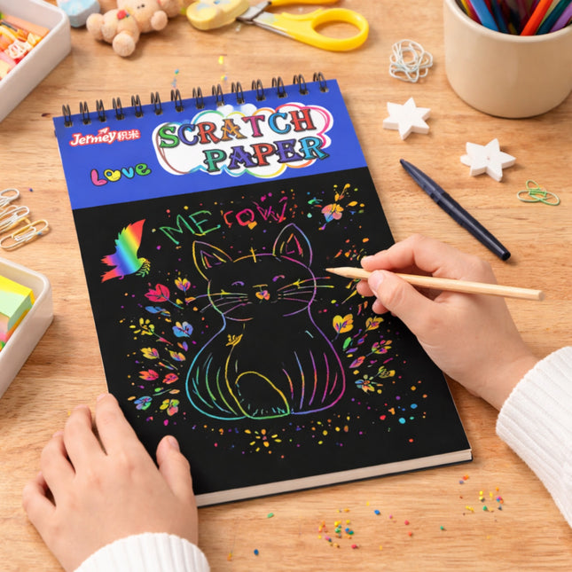 Scratch paper book with colorful designs on a wooden table