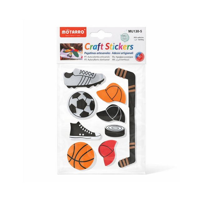 Packaged craft stickers with sports-themed designs on a white background