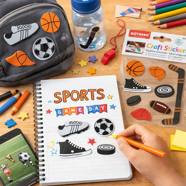 Children's desk with a notebook titled 'Sports Game Day', craft stickers, and stationery items.