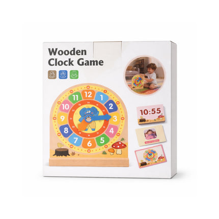 Box of a wooden clock game with colorful design and text 'Wooden Clock Game'.