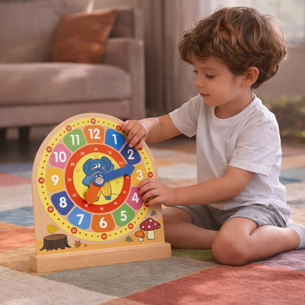 Child playing with a colorful wooden toy clock on a carpeted floor.