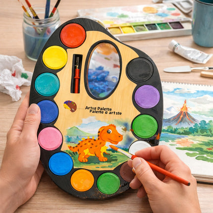 Children's art palette with colorful paint sections and a dinosaur illustration, held by a child's hand with a paintbrush.
