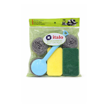 Packaged cleaning set with scrubber, sponge, and brush in clear plastic packaging on a white background