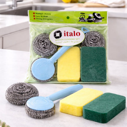 Kitchen cleaning set with sponges and scrubbers in front of italo branded packaging.