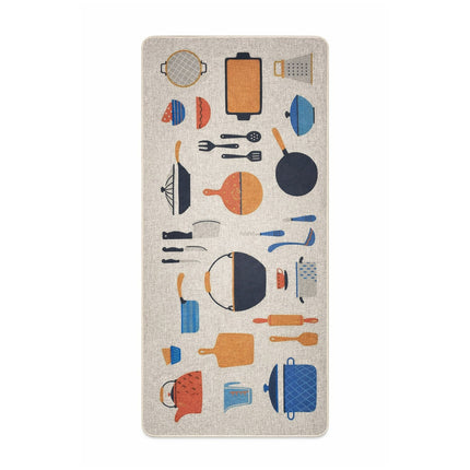 Kitchen-themed rug with colorful cooking utensils on a beige background