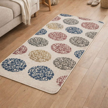 Decorative rug with circular patterns on a wooden floor