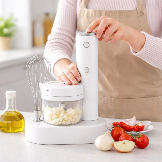 Person using a white food processor in a kitchen with ingredients around