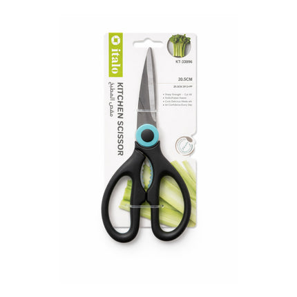 Kitchen scissors with black handles and a turquoise screw, packaged on a white background.