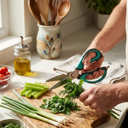 Person using kitchen shears to cut greens on a wooden cutting board with a kitchen background.