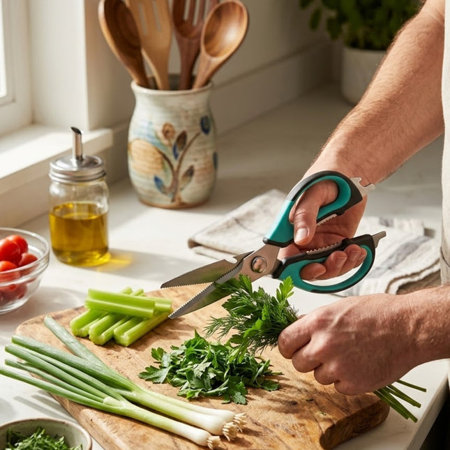 Person using kitchen shears to cut greens on a wooden cutting board with a kitchen background.