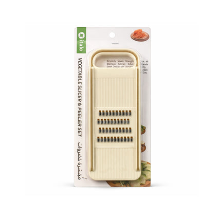Vegetable slicer and peeler set in packaging on a white background