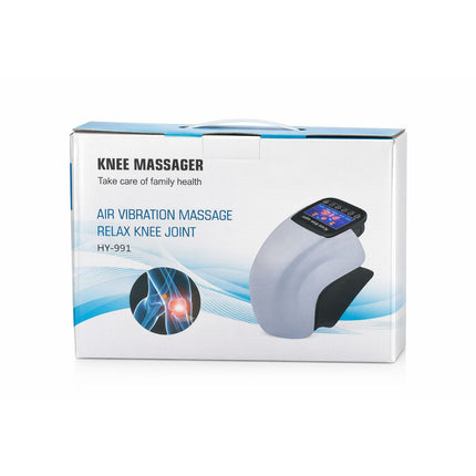 Box of a knee massager with text and an illustration on a white background