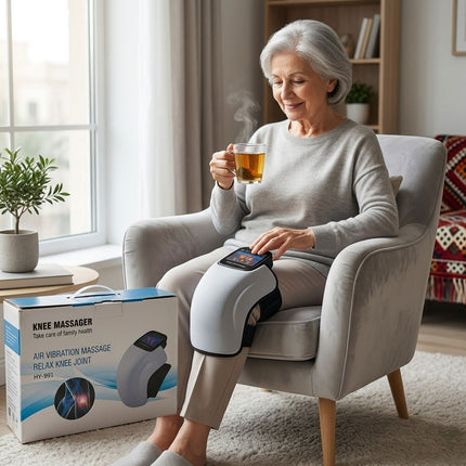 Woman using a knee massager with a box in a cozy living room.