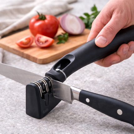 Knife sharpener being used on a kitchen knife with vegetables in the background