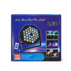 LED mini flat par light packaging with images of light effects on a white background