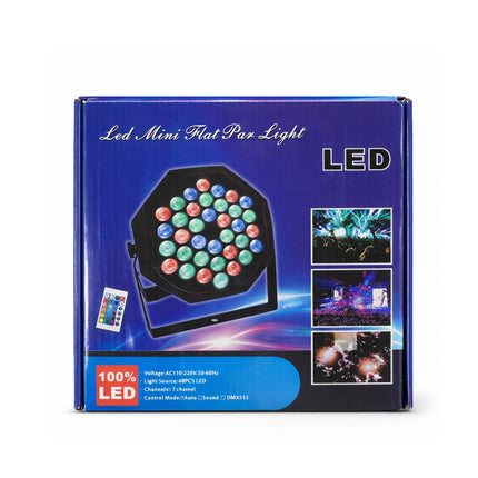 LED mini flat par light packaging with images of light effects on a white background