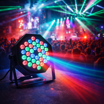 Colorful LED light fixture on a stage with dynamic lighting effects and audience in the background