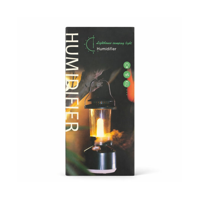 Packaging of a camping light humidifier with a dark background and product image.